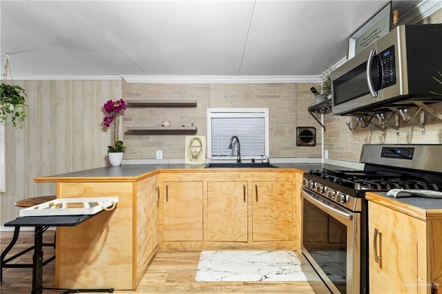 3204 Barbara Ln, Edinburg, TX 78542 - kitchen featuring stainless steel appliances, a sink, dark countertops, crown molding, and open shelves