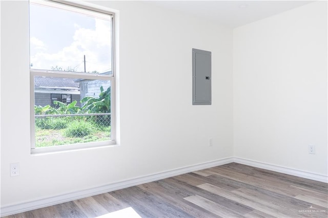 empty room featuring electric panel and light wood-type flooring