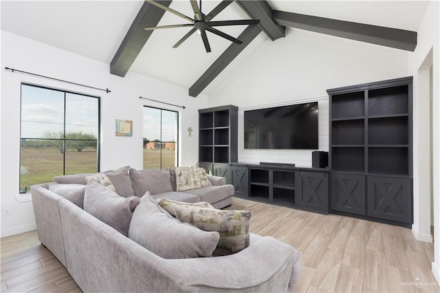 living room featuring baseboards, ceiling fan, light wood-style floors, high vaulted ceiling, and beam ceiling