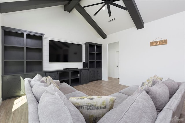 living area with visible vents, ceiling fan, wood finished floors, high vaulted ceiling, and beam ceiling