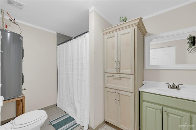 full bathroom with tile patterned floors, a shower with curtain, toilet, crown molding, and vanity