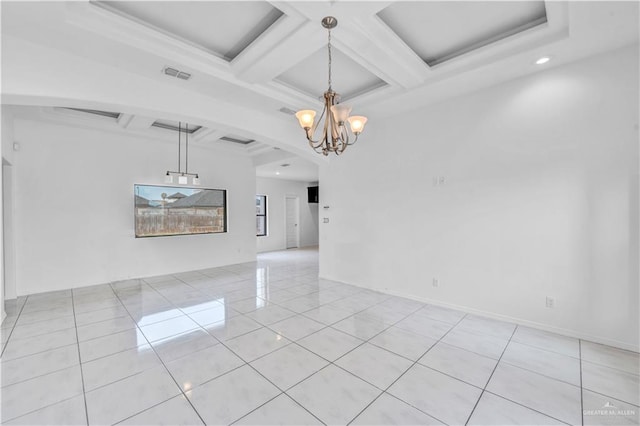 spare room with beam ceiling, light tile patterned floors, a chandelier, and coffered ceiling