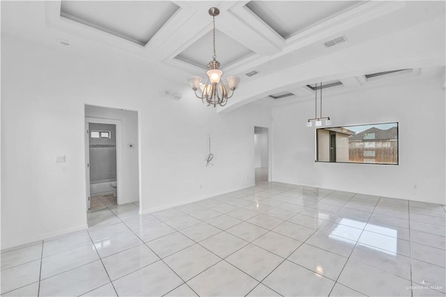 unfurnished room featuring coffered ceiling, light tile patterned floors, a notable chandelier, a high ceiling, and beam ceiling