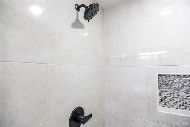 interior details featuring a tile shower