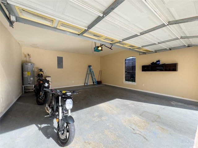 garage with electric panel, baseboards, water heater, and a garage door opener