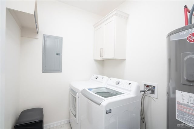 laundry area featuring washer and clothes dryer, cabinets, electric water heater, and electric panel