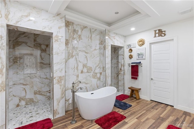 bathroom with separate shower and tub, hardwood / wood-style floors, and tile walls