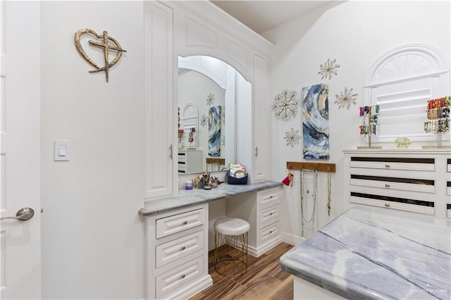 bathroom with hardwood / wood-style flooring and vanity