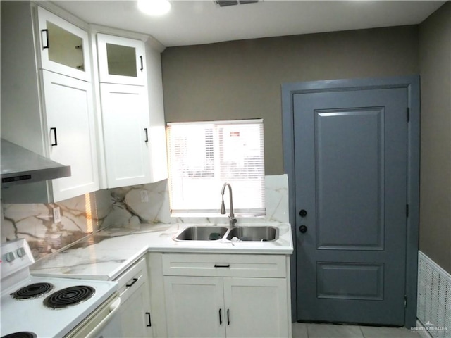 kitchen with extractor fan, sink, white cabinets, decorative backsplash, and white range with electric cooktop