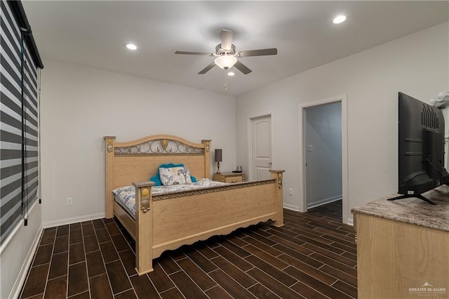 bedroom with baseboards, ceiling fan, dark wood-style flooring, and recessed lighting