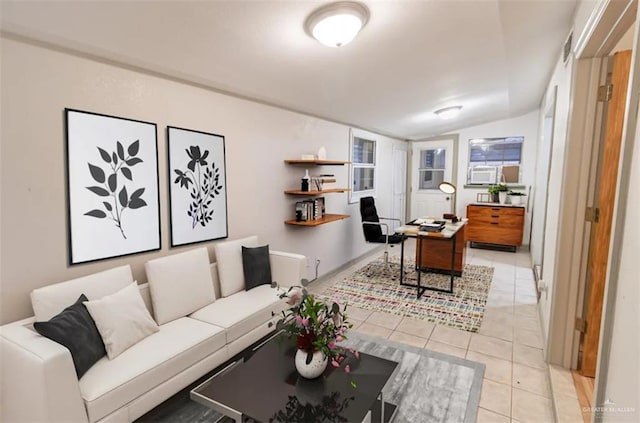 tiled living room with lofted ceiling