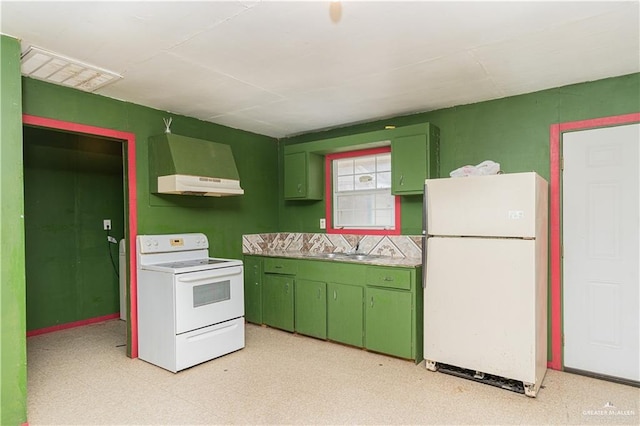 kitchen featuring premium range hood, green cabinets, sink, and white appliances