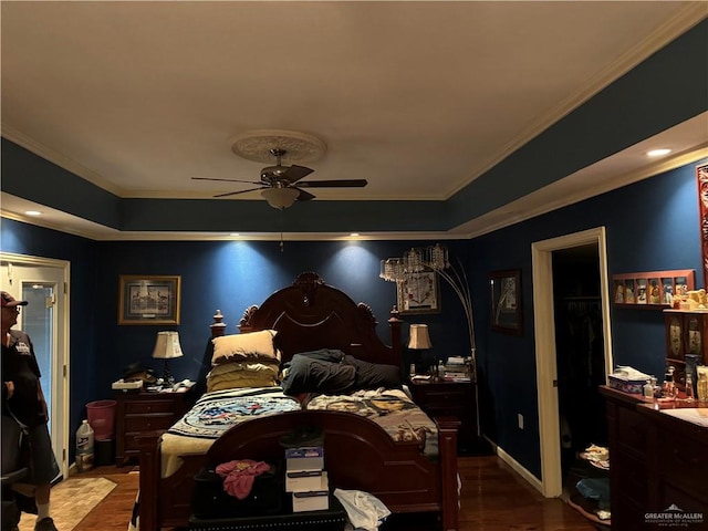 bedroom featuring a spacious closet, ceiling fan, wood-type flooring, and ornamental molding