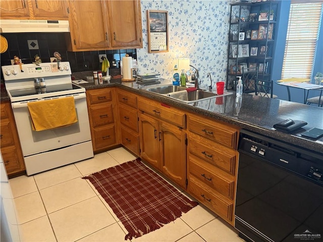 kitchen with sink, light tile patterned floors, white electric stove, black dishwasher, and decorative backsplash