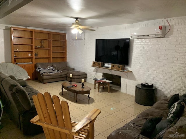 living room featuring a wall mounted air conditioner, ceiling fan, and light tile patterned flooring