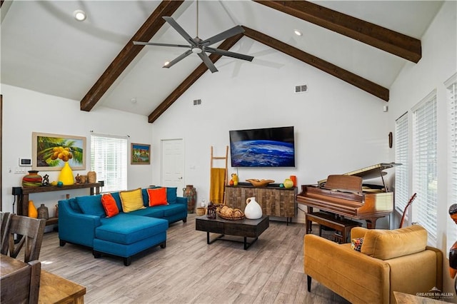 35206 Longhorn Dr, Linn, TX 78563 - living room with light wood finished floors, beamed ceiling, a ceiling fan, high vaulted ceiling, and recessed lighting