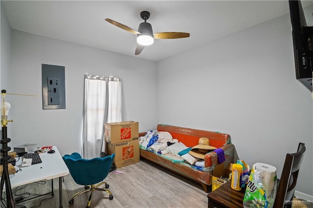 35206 Longhorn Dr, Linn, TX 78563 - bedroom featuring electric panel, light wood finished floors, a desk, and ceiling fan