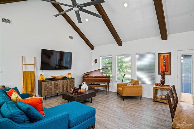 35206 Longhorn Dr, Linn, TX 78563 - living area with beam ceiling, light wood finished floors, healthy amount of natural light, recessed lighting, and ceiling fan
