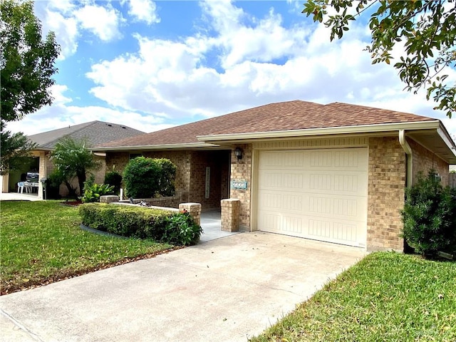 ranch-style home with a garage and a front lawn