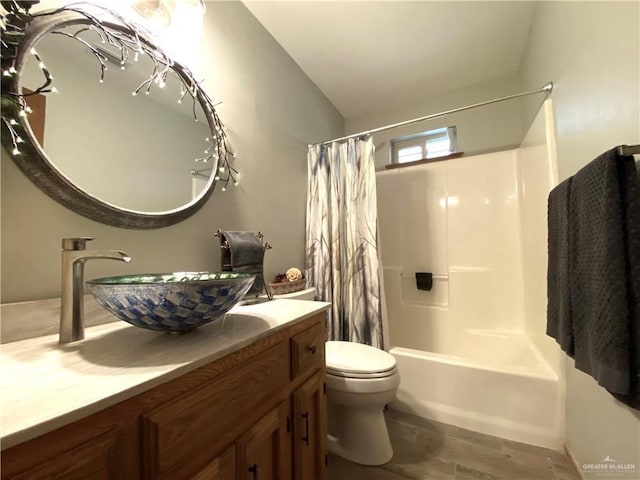 full bathroom featuring shower / bath combination with curtain, vanity, toilet, and hardwood / wood-style floors