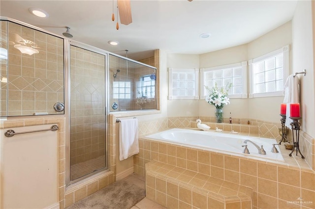 bathroom featuring ceiling fan, tile patterned flooring, and independent shower and bath