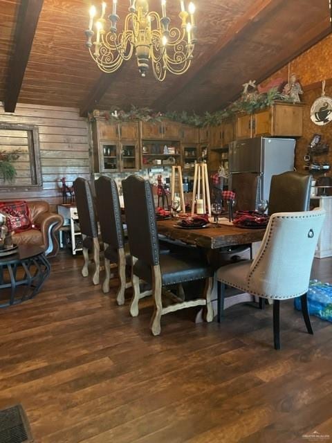 dining room with dark hardwood / wood-style flooring, wood ceiling, lofted ceiling with beams, a notable chandelier, and wood walls