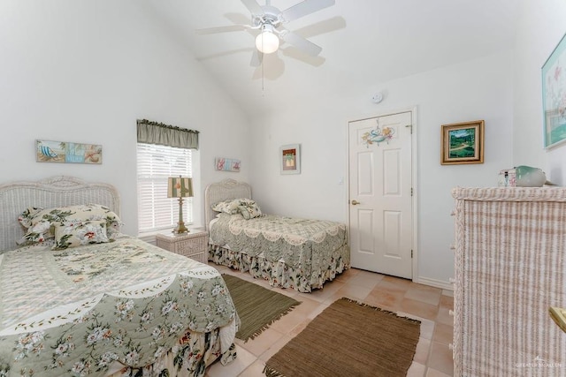 131 E Hibiscus St, South Padre Island, TX 78597 - bedroom featuring light tile patterned flooring, ceiling fan, and lofted ceiling