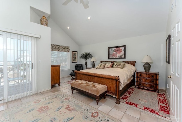131 E Hibiscus St, South Padre Island, TX 78597 - bedroom featuring access to exterior, light tile patterned floors, a ceiling fan, and high vaulted ceiling