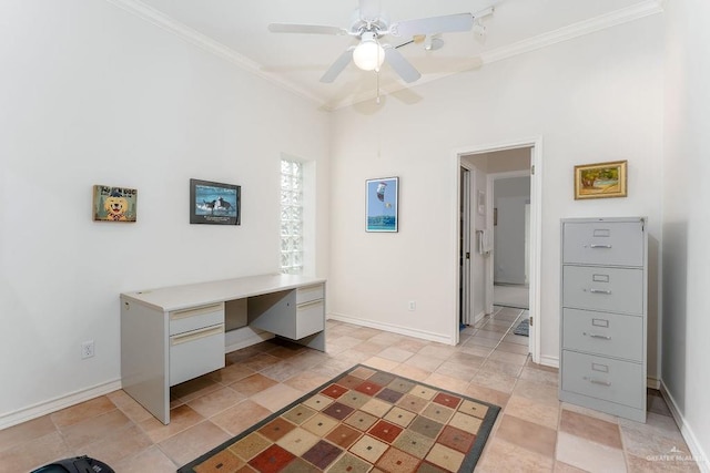 131 E Hibiscus St, South Padre Island, TX 78597 - office space with baseboards, a ceiling fan, built in desk, and crown molding