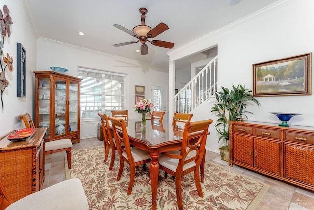 131 E Hibiscus St, South Padre Island, TX 78597 - dining space featuring ornamental molding, recessed lighting, stairway, light tile patterned floors, and ceiling fan
