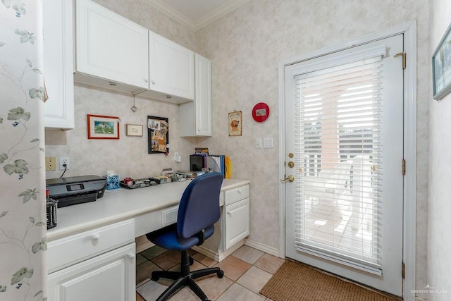 131 E Hibiscus St, South Padre Island, TX 78597 - home office featuring light tile patterned floors, baseboards, built in study area, wallpapered walls, and ornamental molding