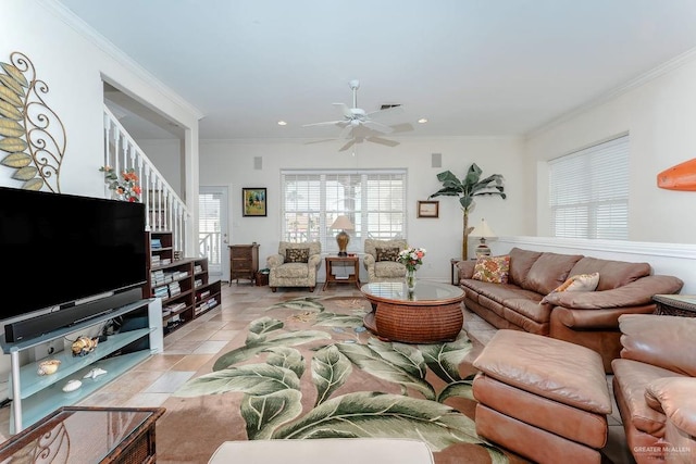 131 E Hibiscus St, South Padre Island, TX 78597 - living area featuring stairway, crown molding, and ceiling fan