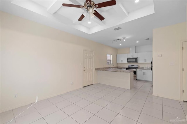 kitchen featuring visible vents, coffered ceiling, appliances with stainless steel finishes, beamed ceiling, and a peninsula