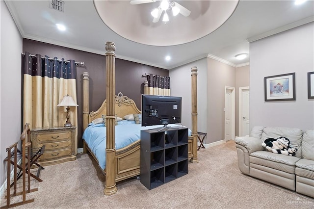 bedroom featuring ceiling fan, crown molding, and carpet