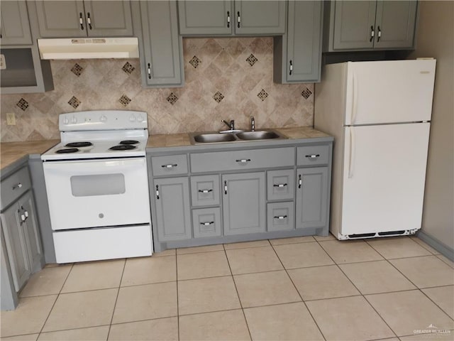 2701 El Barquito Dr, Palmview, TX 78572 - kitchen featuring white appliances, under cabinet range hood, gray cabinetry, and light countertops