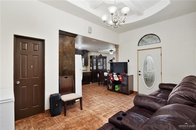 living area with beam ceiling, light tile patterned floors, and ceiling fan with notable chandelier