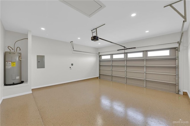 garage with a garage door opener, electric panel, and water heater