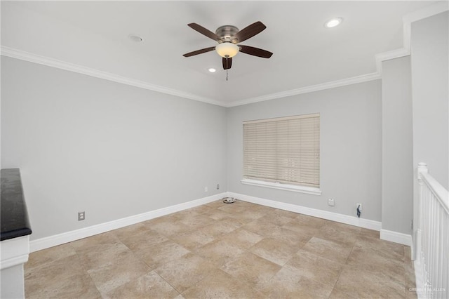 empty room with ceiling fan and crown molding