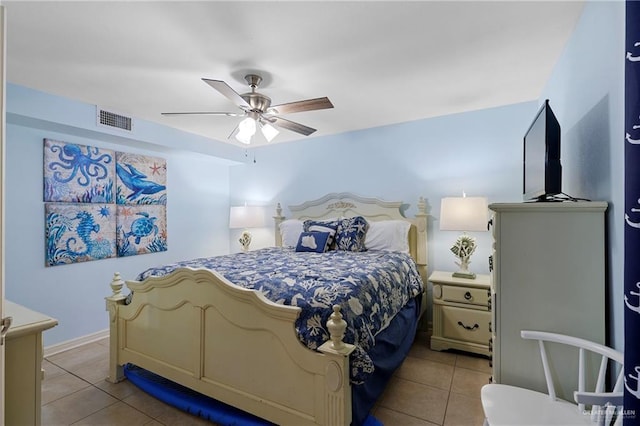 bedroom featuring light tile patterned flooring and ceiling fan