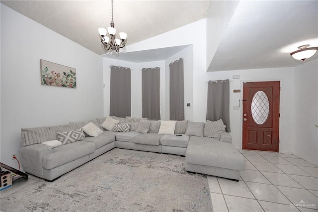 living room featuring light tile patterned floors, vaulted ceiling, and a notable chandelier