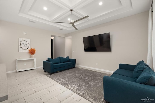 living room featuring beam ceiling, ceiling fan, and coffered ceiling