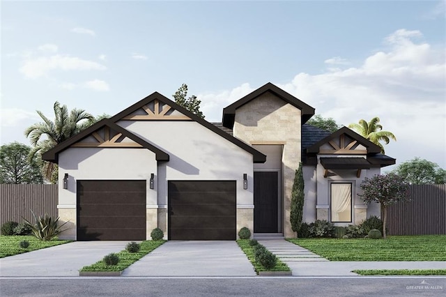 view of front facade featuring driveway, stone siding, a garage, and fence