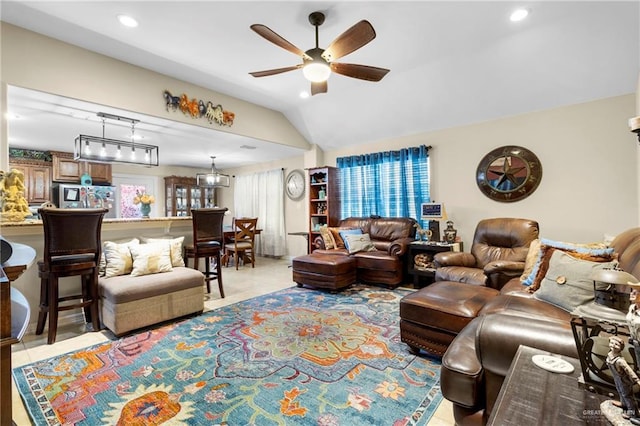 512 S Mina De Oro St, Mission, TX 78572 - living area featuring ceiling fan, vaulted ceiling, recessed lighting, and light tile patterned flooring
