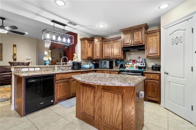 512 S Mina De Oro St, Mission, TX 78572 - kitchen featuring black dishwasher, stainless steel electric range oven, a sink, light stone counters, and light tile patterned flooring
