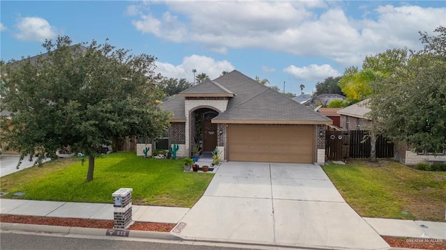 512 S Mina De Oro St, Mission, TX 78572 - view of front of house with brick siding, an attached garage, concrete driveway, and roof with shingles