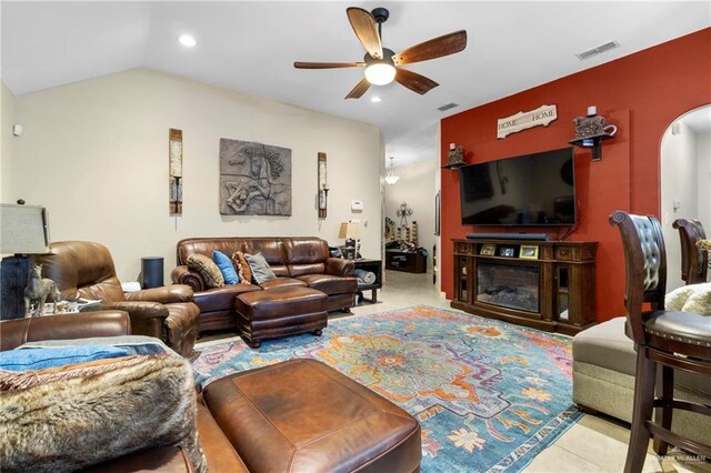 512 S Mina De Oro St, Mission, TX 78572 - living area with arched walkways, ceiling fan, recessed lighting, and vaulted ceiling