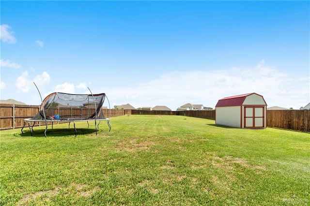 view of yard featuring a trampoline and a storage unit