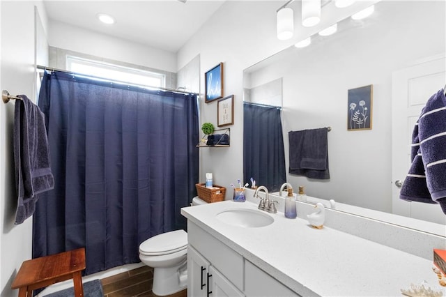 bathroom featuring vanity, wood-type flooring, and toilet