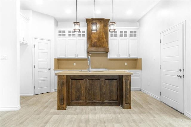 kitchen featuring white cabinetry, glass insert cabinets, and a sink