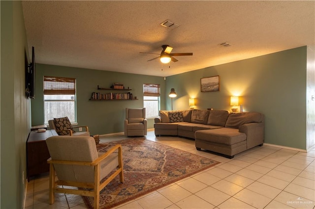 1306 Denver St, Edinburg, TX 78541 - living room with a ceiling fan, a textured ceiling, light tile patterned flooring, and healthy amount of natural light